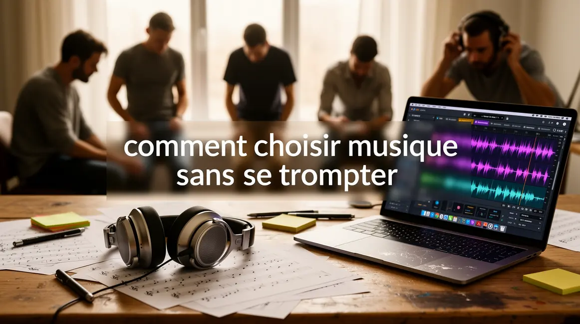 table de travail avec casque, partitions et onde sonore
