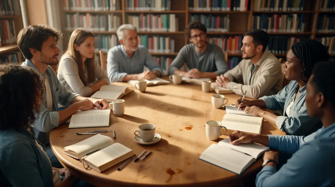 cercle de lecteurs autour d'une table ambiance conviviale