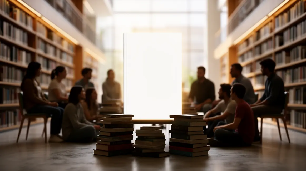Groupe autour de livres avec texte communauté lecteurs signes d'alerte