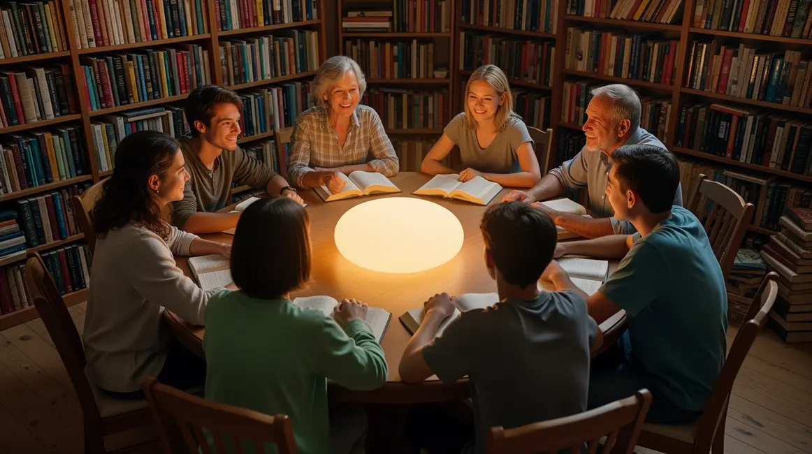 Cercle de lecteurs en discussion, ambiance chaleureuse