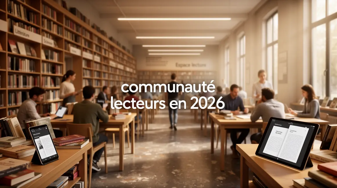 Scène bibliothèque moderne communauté lecteurs 2026