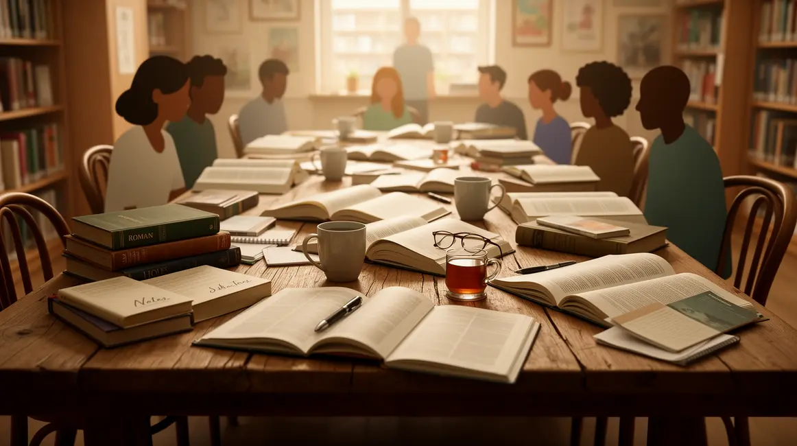 groupe lecteurs table livres ambiance chaleureuse