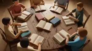 Discussion autour de livres sur une table ronde communauté lecteurs