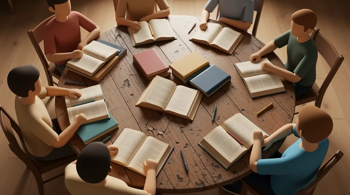 Discussion autour de livres sur une table ronde communauté lecteurs