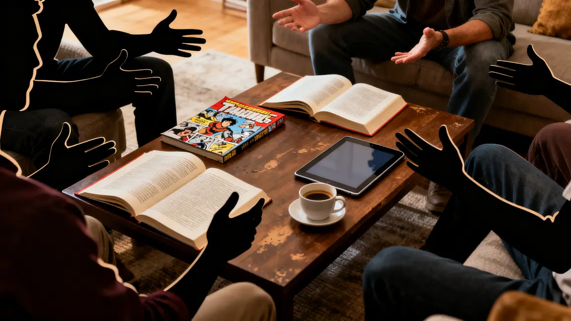 Discussion autour de livres et tablette ambiance conviviale