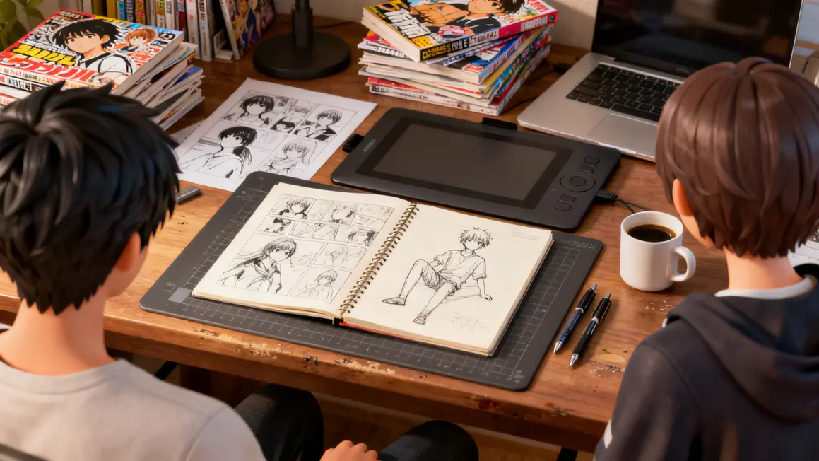 bureau artiste création manga indépendant, carnets, tablette