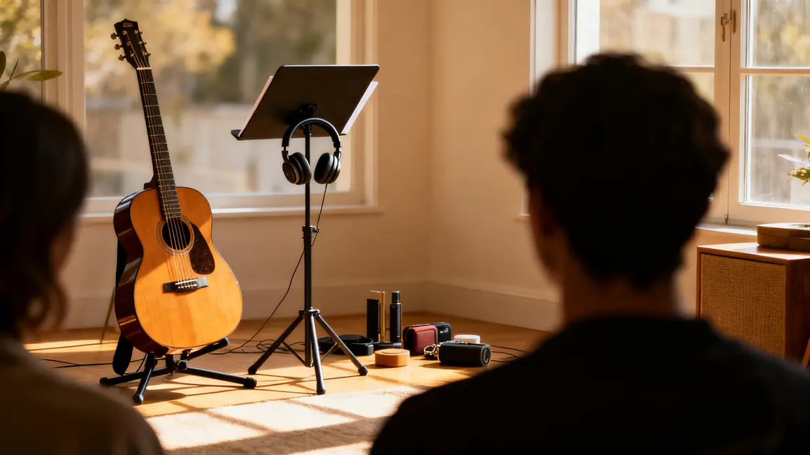 Espace musique organisé guitare casque isolation lumière naturelle