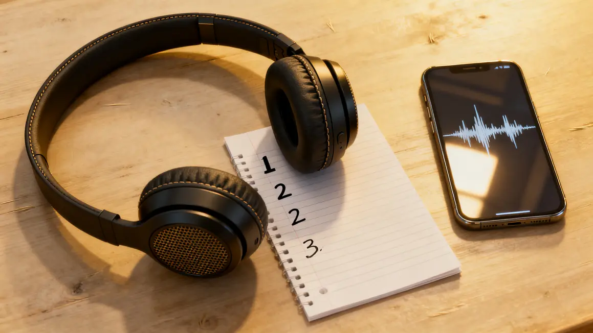 Casque audio, feuille liste, smartphone onde sonore, critères choix musique