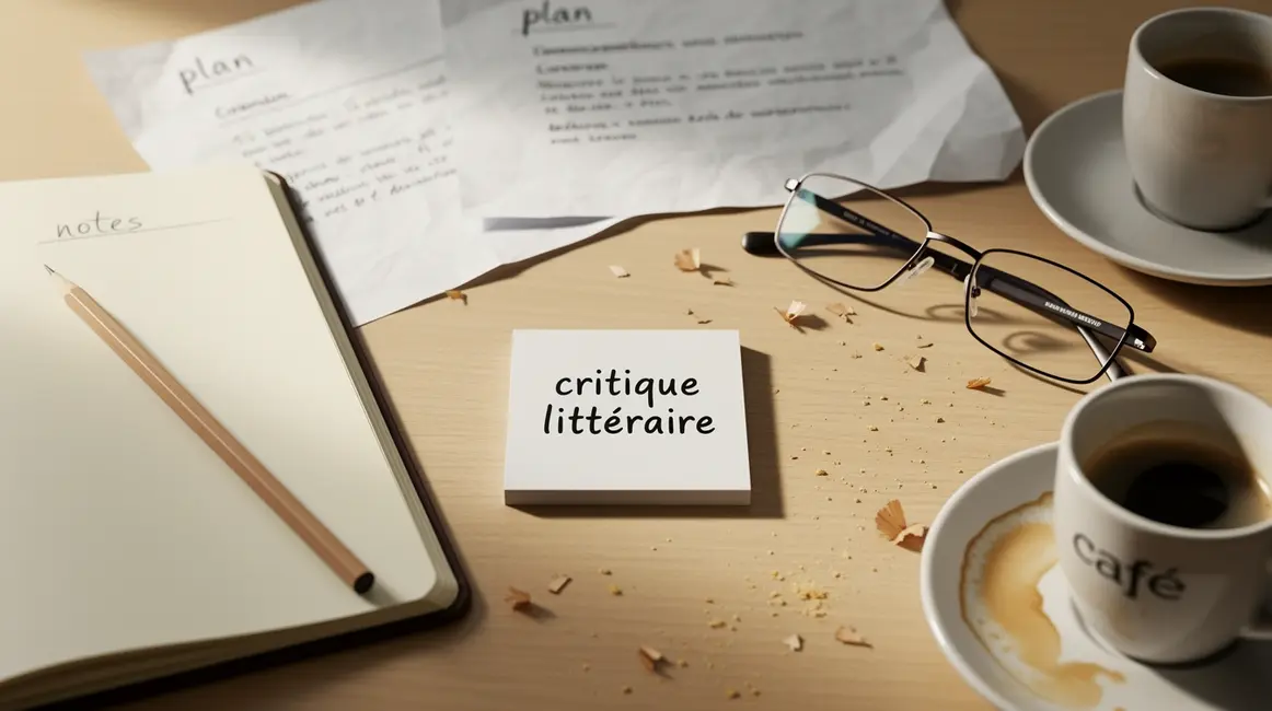 post-it critique litteraire sur bureau avec carnet et cafe