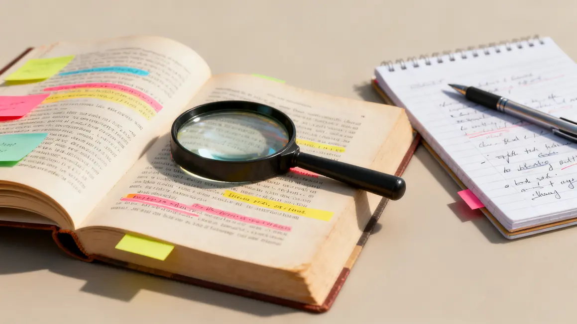 critique littéraire comprendre loupe livre post-its carnet stylo