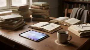 plan de travail critique litteraire carnet livres tablette