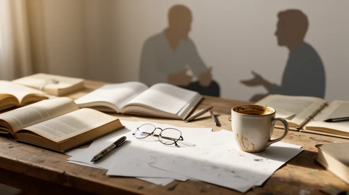table de travail critique litteraire livres ouverts analyse studieuse