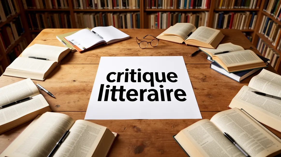 table de livres ouverts et feuille critique litteraire
