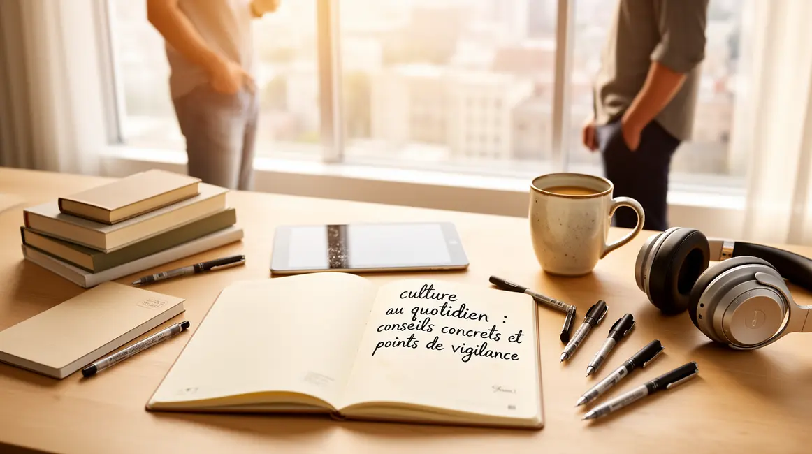 Bureau moderne avec objets culturels, carnet ouvert texte culture au quotidien