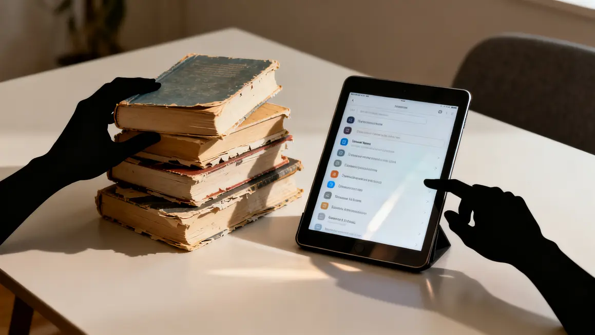 Livre papier à gauche, tablette menus à droite, lecture numérique