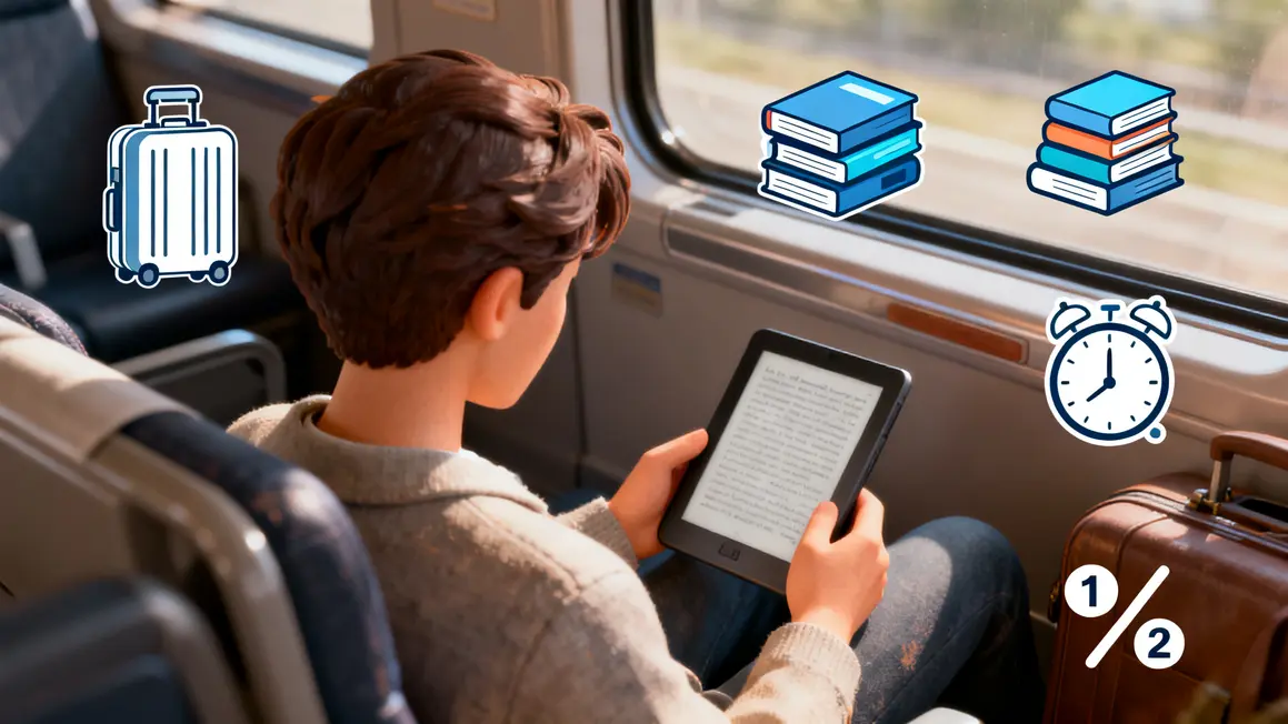 Personnage lisant ebook en voyage avec pictogrammes portabilite