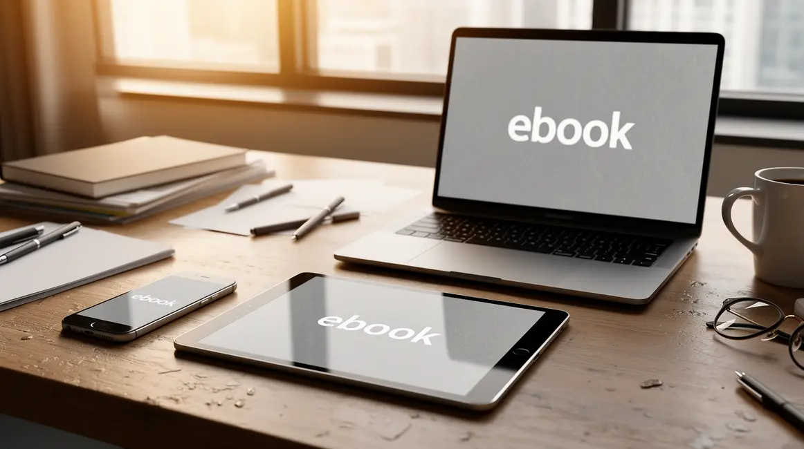 ebook ouvert sur bureau moderne avec tablette et smartphone