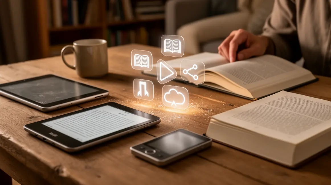 Appareil ebook, liseuse et livre papier avec icones lecture
