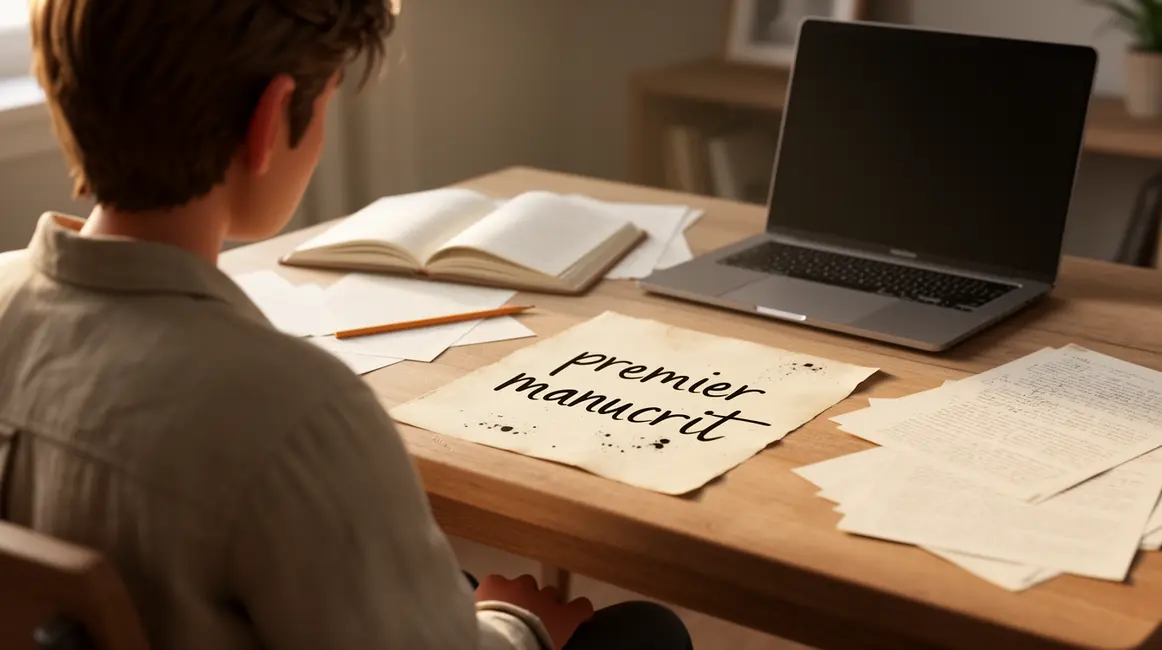 Auteur debutant ecrit premier manuscrit sur bureau lumineux