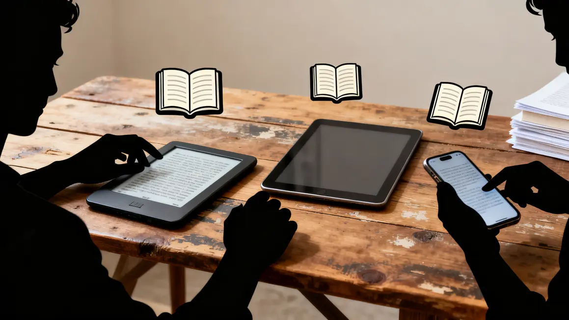 Lecture numérique sur liseuse tablette smartphone, livres papier visibles