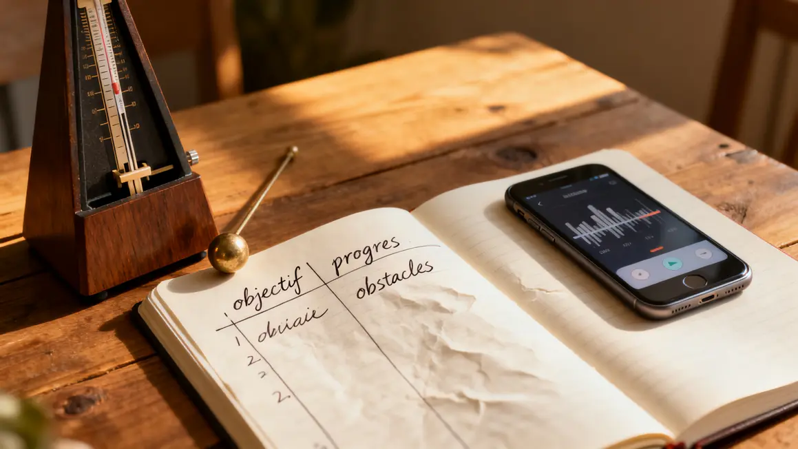 Carnet suivi musical et outils rythme sur bureau