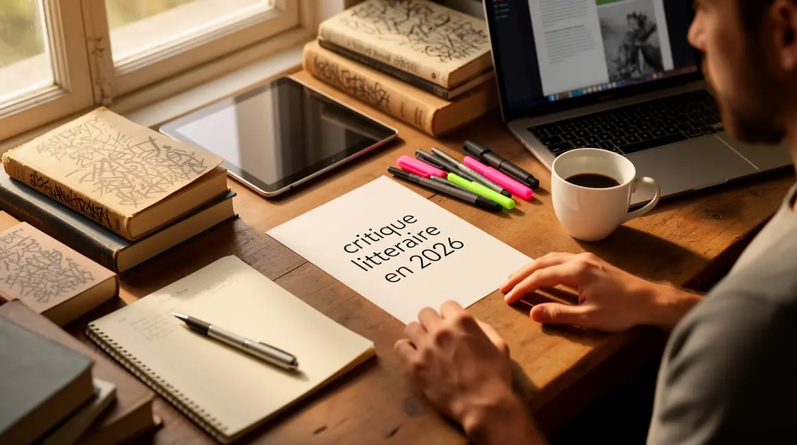 Bureau critique littéraire 2026 avec livres et ordinateur