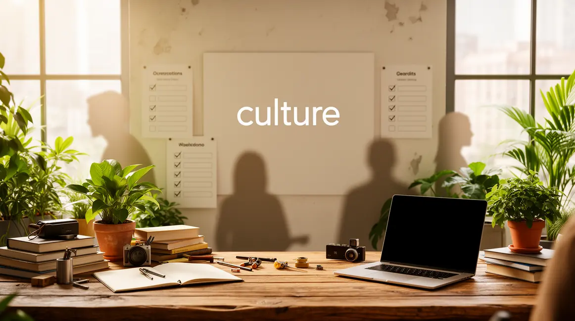 Visuel photo-realiste d'un espace de travail inspirant avec outils et plantes, mot culture au centre