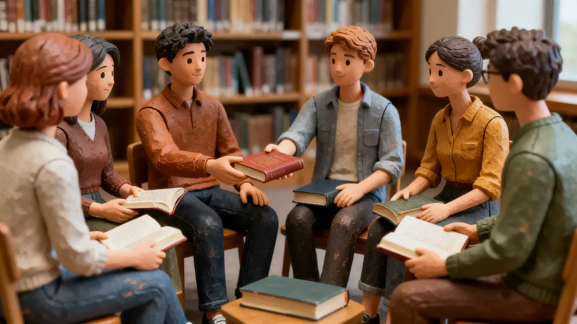Groupe assis cercle livres discussion communauté