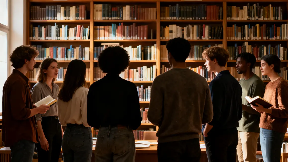 Lecteurs stylisés échangeant devant étagères remplies