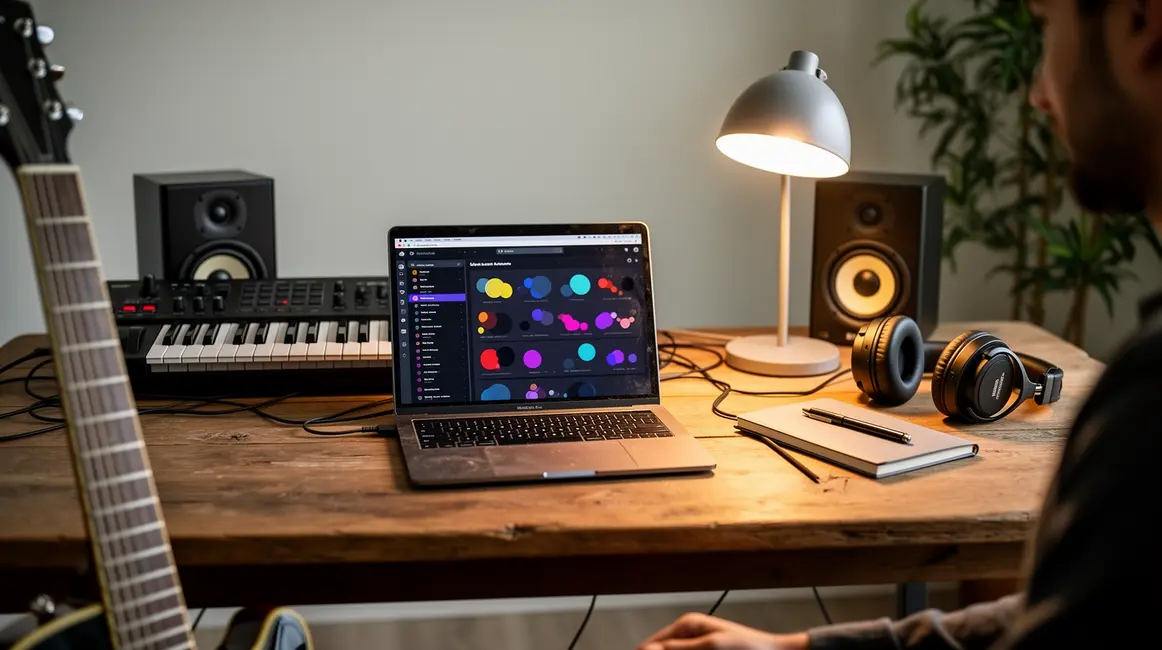 Bureau moderne instruments musique playlist laptop ambiance lumineuse