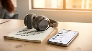 Bureau moderne avec casque et playlist musique affichée