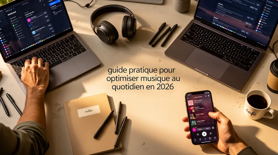 bureau moderne avec casque, ordinateur et playlist optimisation musique 2026
