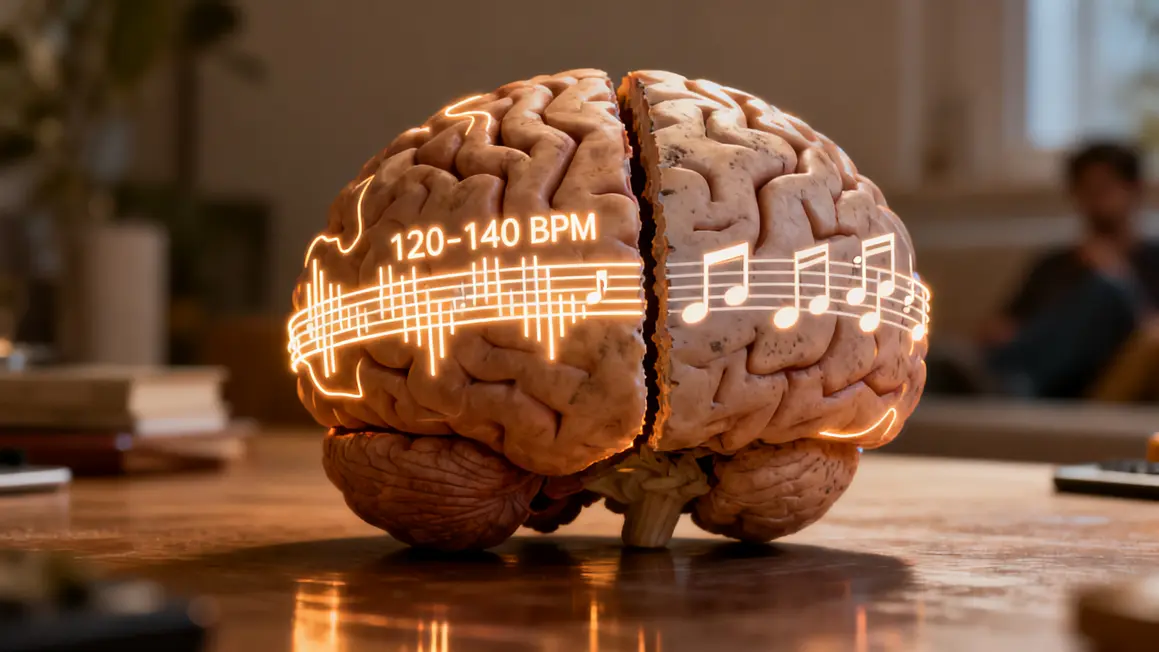 Cerveau stylisé avec symboles musicaux et rythmes bpm