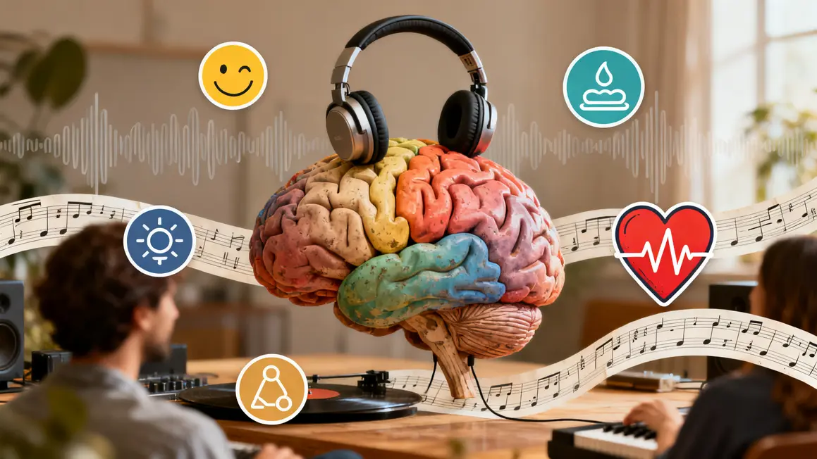 illustration cerveau casque ondes musicales emotions