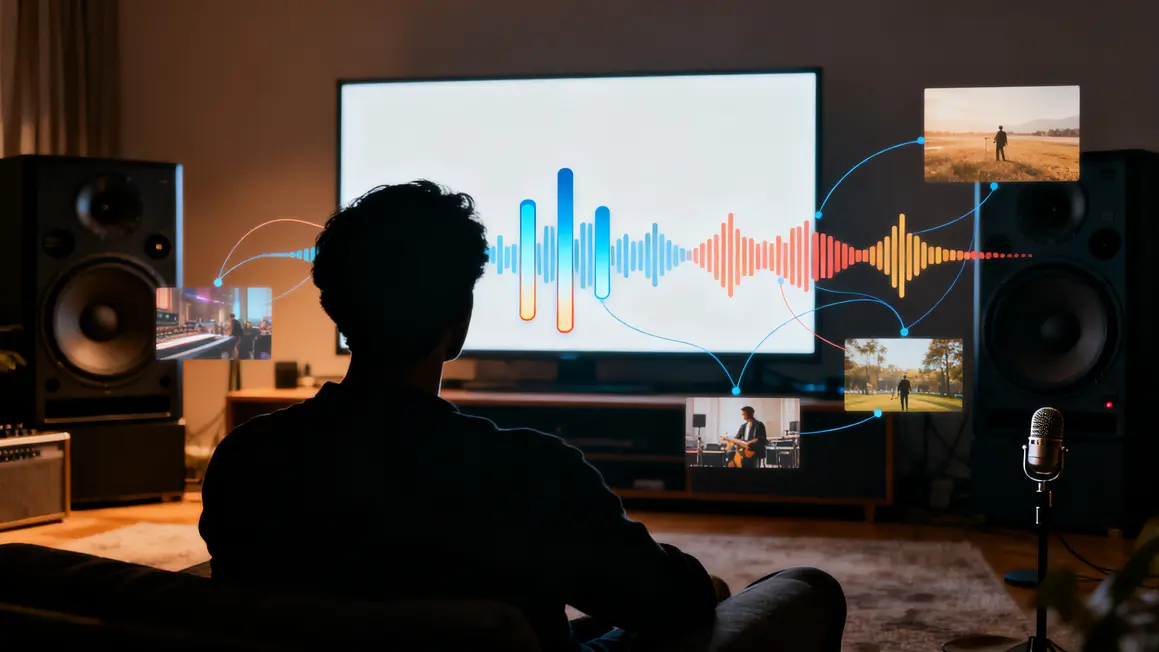 Silhouette devant écran et haut-parleurs, ondes musicales, expérience immersive