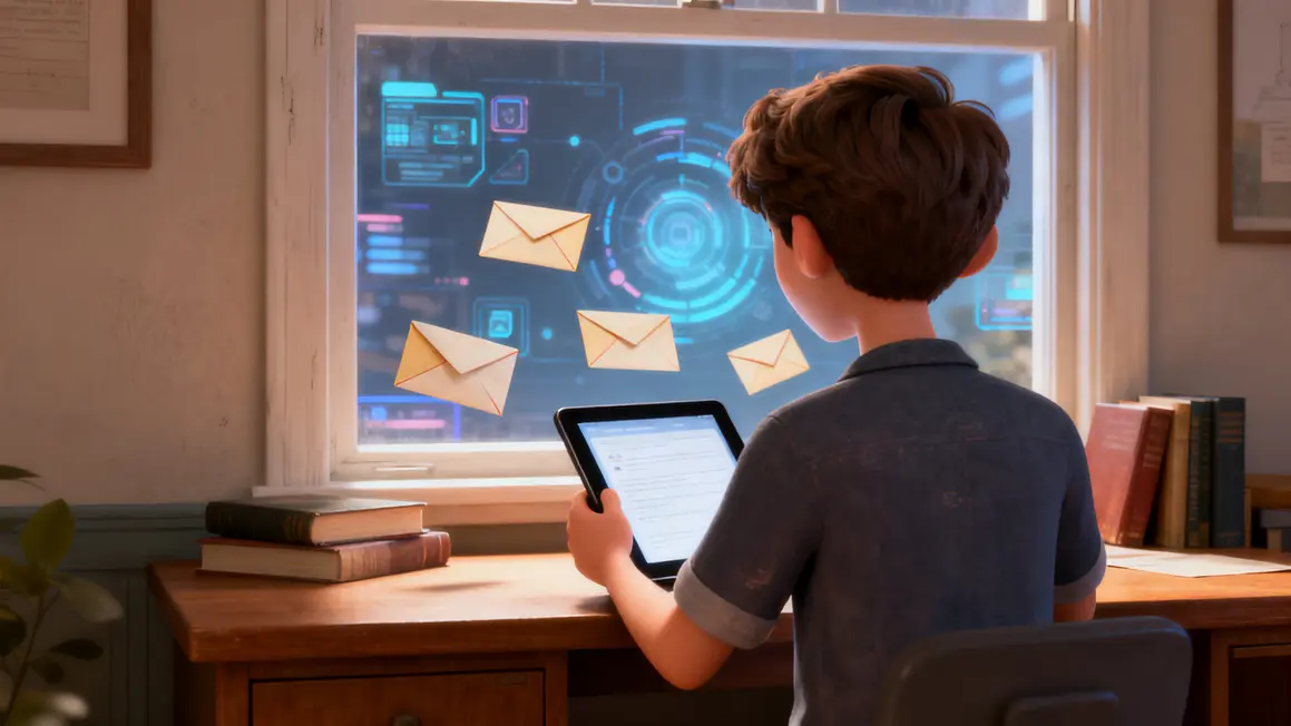 auteur lisant newsletter devant bureau digital