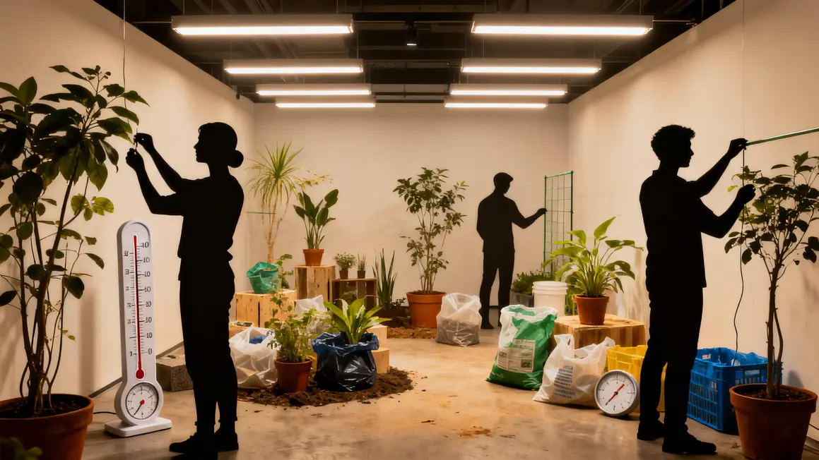 Espace photo-realiste avec LED horticole, plantes, outils de mesure pour projet culture