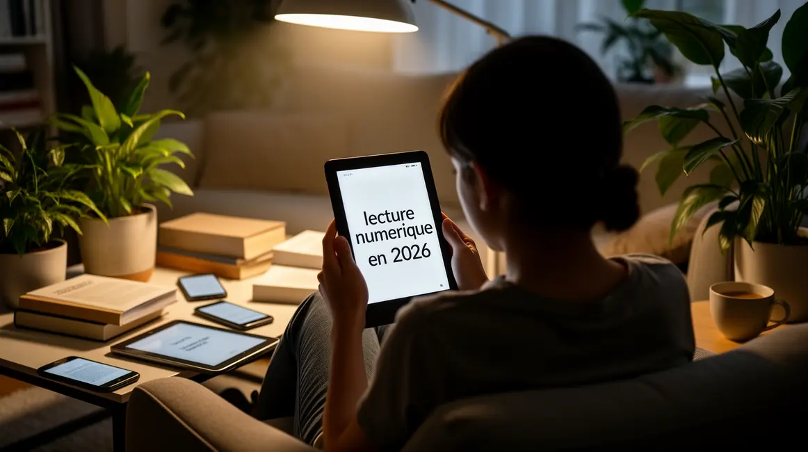 Lecture numérique 2026 sur liseuse ambiance chaleureuse