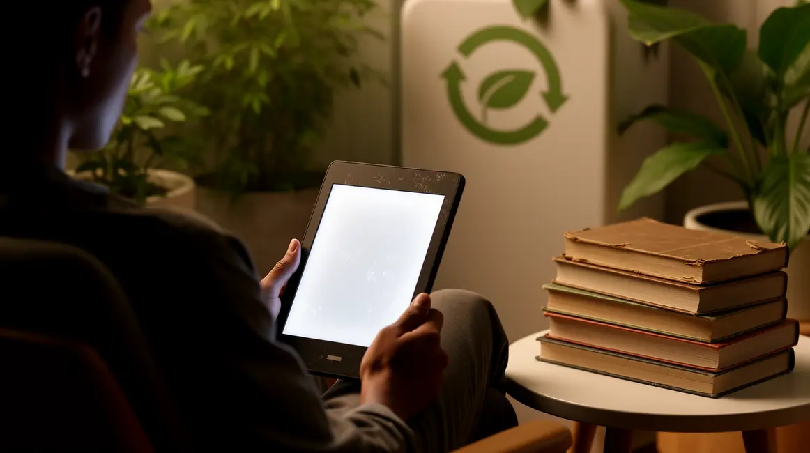 Lecture numérique, silhouette devant liseuse et livres, éco-responsable