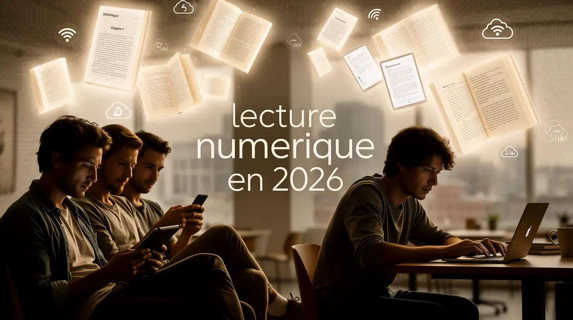 Scène lecture numérique 2026, liseuse, smartphone, tablette