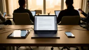 Bureau moderne avec tablette et ordinateur, lecture numérique