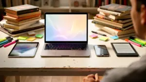 lecture numerique supports alignes sur bureau