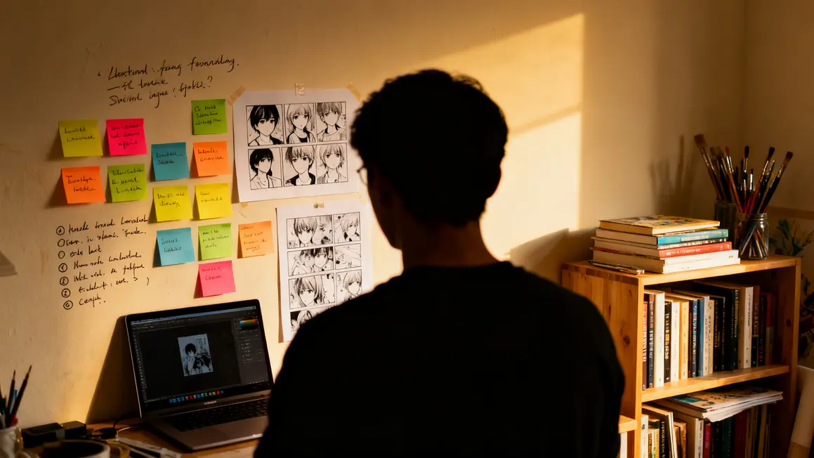 auteur manga independant tableau organisation planches post-its
