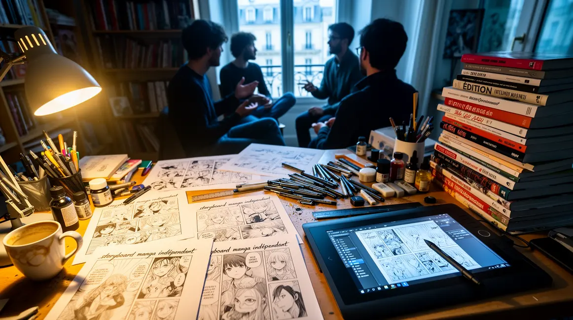Bureau de dessin manga indépendant, outils et livres, ambiance autonomie