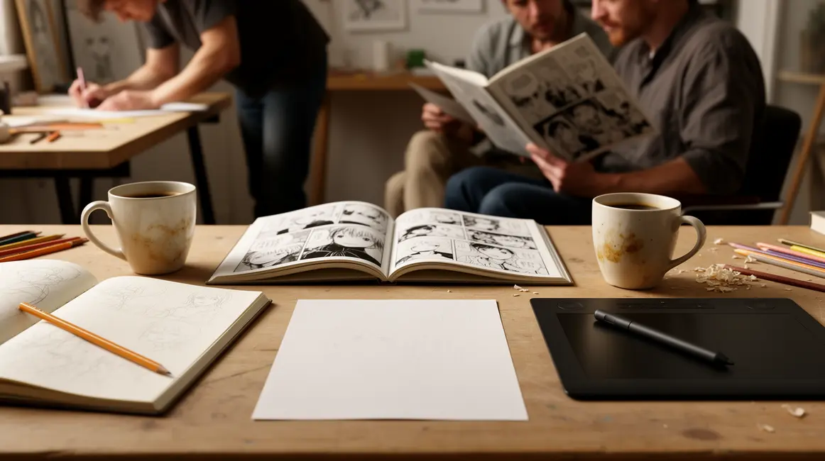 bureau minimaliste manga independant avec carnet tablette silhouettes auteurs