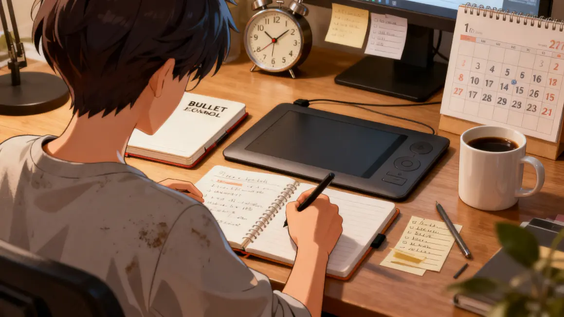 bureau mangaka organisation bullet journal café manga indépendant