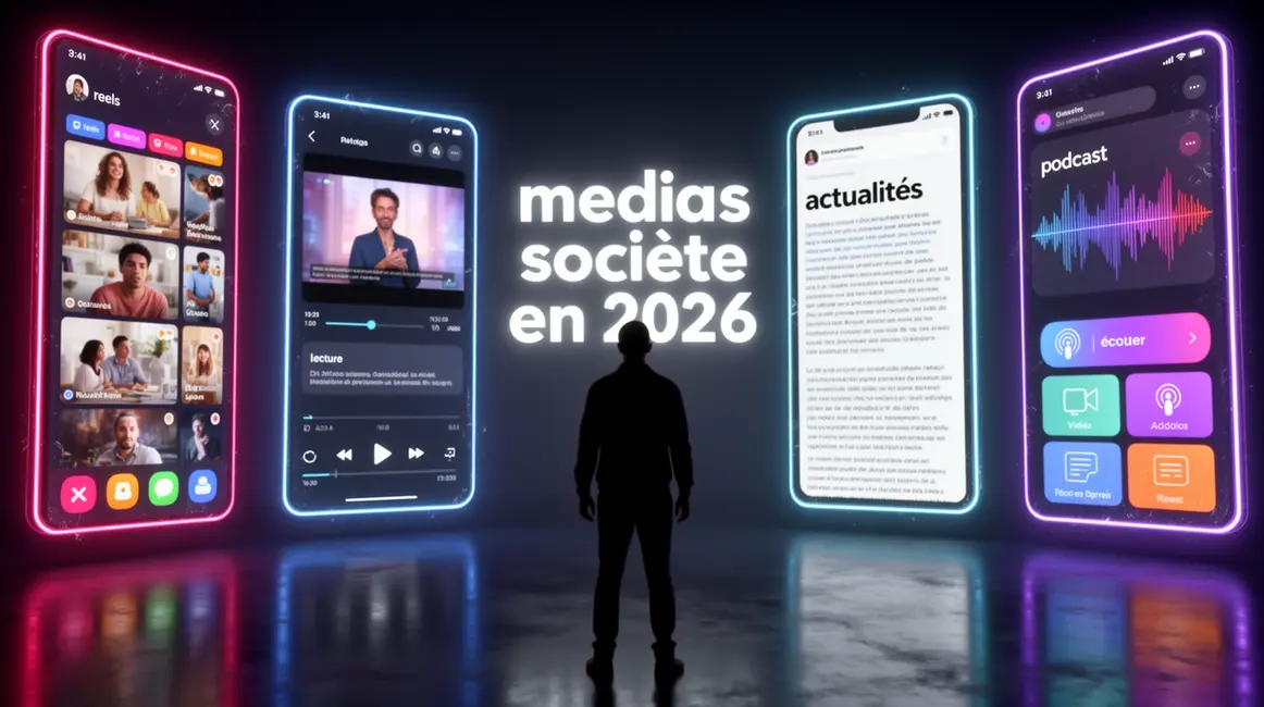 Silhouette devant écrans lumineux, médias société en 2026