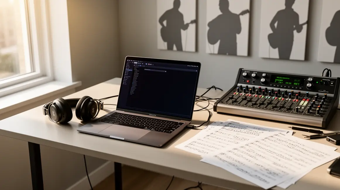 bureau moderne avec casque audio et musique