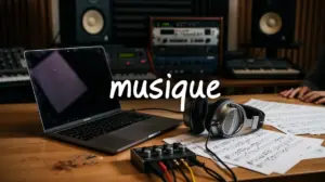 Table studio musique digitale avec ordinateur et partitions