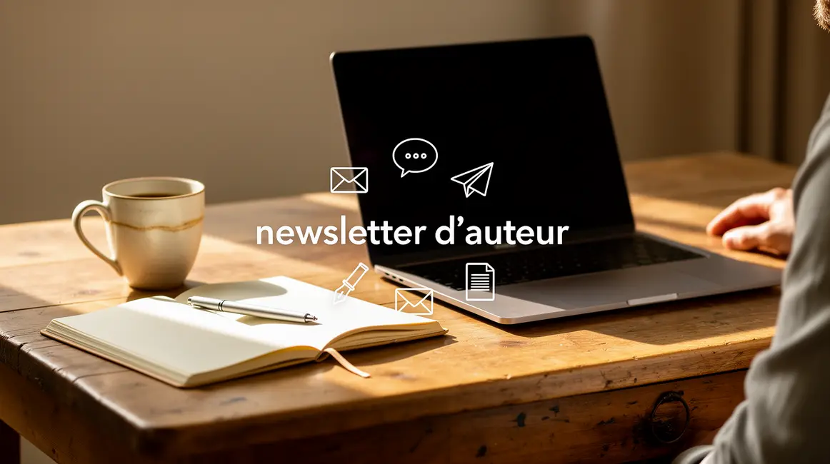 bureau auteur ordinateur et icons newsletter